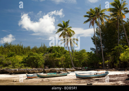 Indonesien Sulawesi Hoga Insel Mushroom Bay Boote am idyllischen Palmen gesäumten weißen Korallen Sandstrand Stockfoto