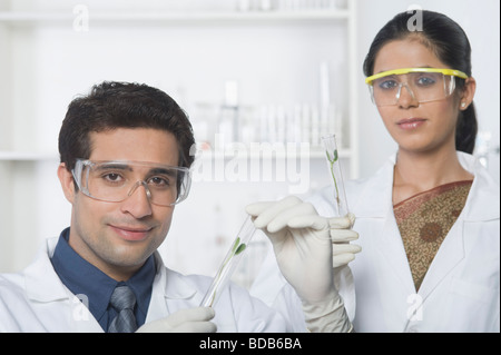 Wissenschaftler halten Pflanzen im Reagenzglas Stockfoto