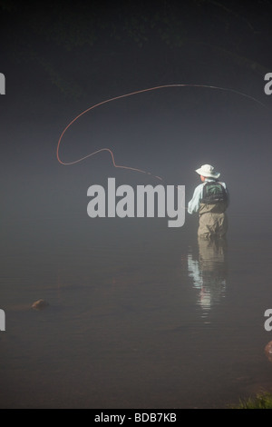 Einsamer Fliegenfischer im Morgennebel auf dem Smith River, Virginia, USA Stockfoto