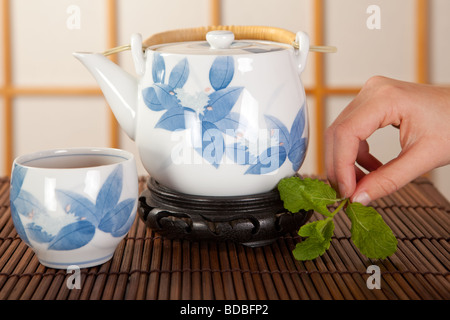 Japanischer Grüner Tee in einem traditionellen Zimmer mit Shoji Schiebefenster Stockfoto