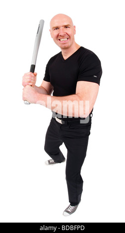 Leitung Glatzkopf mit einem Baseballschläger in den Händen, in die Kamera lachen Stockfoto