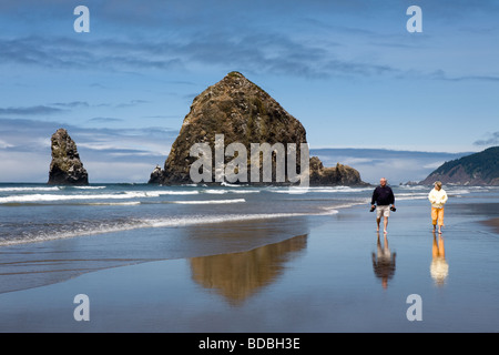 Haystack Rock ist ein 235 Fuß hohen Monolith aka Meer Stack in Cannon Beach an der Küste Oregons Stockfoto