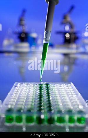 Umweltkonzept Schuss der Wissenschaftler in einem Labor Proben eine grüne Lösung mit einer Pipette & 96 gut Zellplatte erstellen Stockfoto