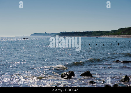 Blick vom Whitbys der Whitby Abtei und Hafen, als die letzte der das Meer Nebel im frühen Morgenlicht löscht. Stockfoto