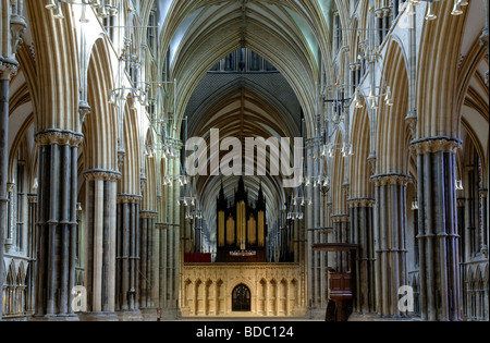 Kathedrale von Lincoln, Lincoln, Lincolnshire, England, UK; Ansicht des Kirchenschiffes Chor Bildschirm blickt. Stockfoto