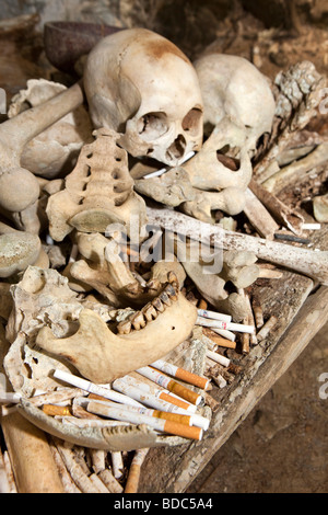 Indonesien, Sulawesi, Tana Toraja, Kete Kesu, Zigaretten, die als Opfer unter den freiliegenden Knochen der toten Vorfahren verlassen Stockfoto