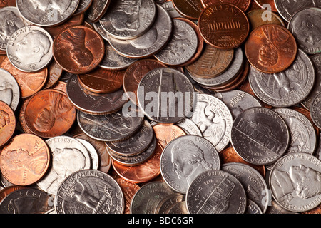 Pfennige, Nickles, Groschen und Viertel-Makro-Hintergrund Stockfoto