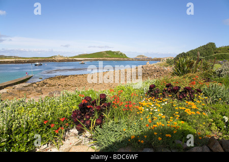 Blick auf wilde Küstenlandschaft wie gesehen vom Küstenweg auf St Martins. Isles Of Scilly. Stockfoto