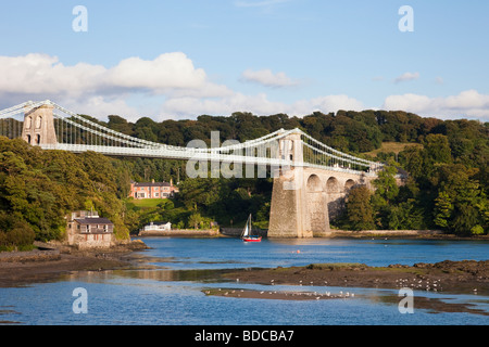 Menai Hängebrücke über Menai Straits im Sommer. Menai Bridge (porthaethwy) ISLE OF ANGLESEY Wales UK Stockfoto