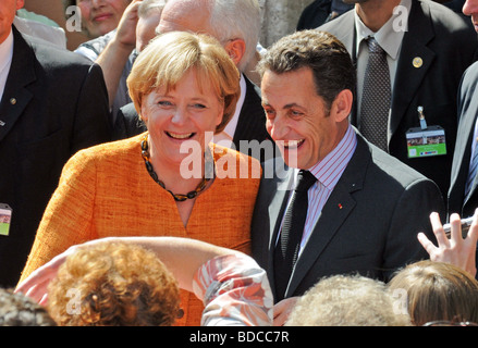 Merkel, Angela, * 17.7.1954, deutscher Poliker (CDU), Kanzlerin, halbe Länge, mit Nikolas Sarkozy, Deutscher - französischer Ministerrat, Straubing, Deutschland, 9.6.2008, Stockfoto