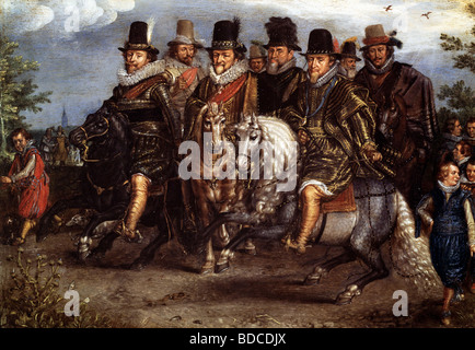 Friedrich V., 16.8.1596 - 21.11.1632, Kurfürst von der Pfalz 1610 - 1623, König von Böhmen 1619 - 1620 (als Friedrich I.), volle Länge, mit Maurice und Heinrich von Nassau, Gemälde von Adriaen van de Venne, Hessisches Landesmuseum, Darmstadt, Deutschland, Artist's Urheberrecht nicht gelöscht werden Stockfoto