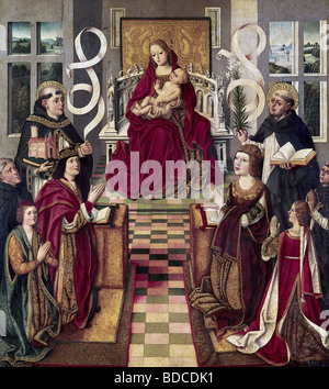 Ferdinand II., 10.3.1452 - 23.1.1516, König von Aragon, voller Länge, mit seiner Frau Königin, Königin von Kastilien, kniend vor madonna, Gemälde, ca. 1490, Stockfoto