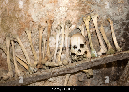 Indonesien Sulawesi Tana Toraja Kete Kesu menschlicher Schädel und Oberschenkelknochen verstorbenen Vorfahren ausgesetzt Stockfoto