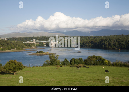 Menai Bridge ISLE OF ANGLESEY Wales UK August auf iconic Thomas Telford's Brücke über Menaistraße Fernsicht Carneddau Berge Stockfoto