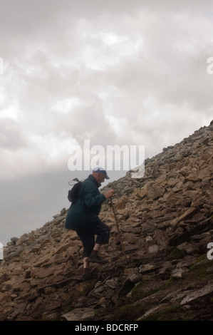 Pilger mit Gehstock Klettern felsigen Oberteil Croagh Patrick auf rejek Samstag, 25. Juli 2009 Stockfoto