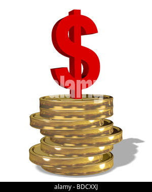 Dollarzeichen auf einen Stapel von Münzen Stockfoto