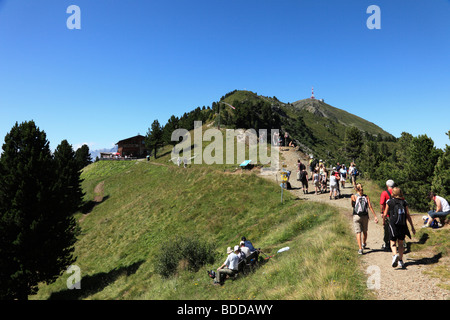 Wanderer auf dem Zirbenweg trail auf Mt. Patscherkofel, Chalet Boscheben, Tuxer Alpen, Tirol, Austria, Europe Stockfoto