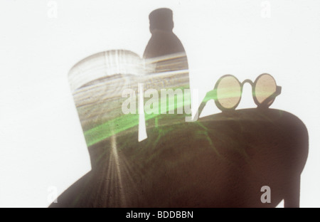 Schatten Sie auf weiße strukturierte Wand der Rundtisch mit Sonnenbrille, Flasche und Glas Wasser gießen gebrochene Reflexionen Stockfoto