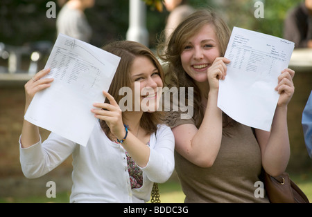 Zwei Teenager Oberstufe SchülerInnen ihre erfolgreiche GCSE A-Level-Prüfungsergebnisse Kamera hochhalten Stockfoto