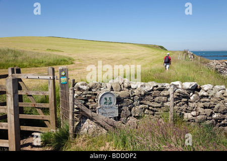 Isle of Anglesey Coastal Path kissing Gate in Stein Wand mit Schild in der Nähe Carmel Kopf, Anglesey, North Wales, UK, Großbritannien Stockfoto