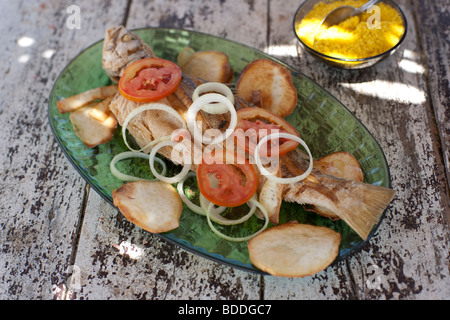 Gesamte gebratenen Fisch mit Zwiebeln, Tomaten, Kartoffeln Chips und farofa Stockfoto