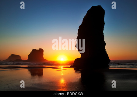 Monolith-Meer-Stacks und Sonnenuntergang bei Ebbe. Samuel H. Boardman State Scenic Korridor. Oregon Stockfoto