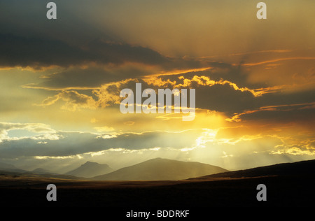 Riesige Rauchwolken verdunkeln den Himmel östlich der Torres del Paine Nationalpark bei einem großen Brand im Frühjahr 2005. Stockfoto