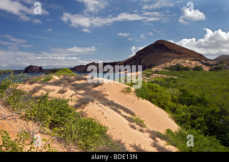 Blick über den Strand entlang der Küste Insel Rabida, Galapagos-Inseln, Ecuador, Südamerika. Stockfoto