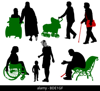 Silhouette der alten Menschen, behinderten Menschen, Eltern mit Kindern Stockfoto