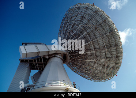 Techniker auf der Plattform eines Telekommunikationssatelliten, Cornwall, England Stockfoto