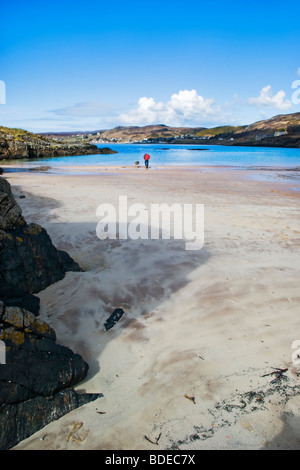 Gairloch Strand und die Bucht, Wester Ross, Schottland an einem hellen sonnigen, Frühlingstag mit Mann mit Hund am Strand spielen. Stockfoto