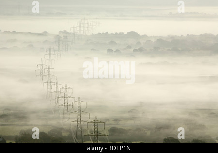 Strommasten im Morgennebel. Marshwood Vale. Dorset. England. VEREINIGTES KÖNIGREICH. Stockfoto