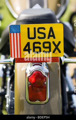 Harley Davidson Motorrad 'USA' englische Nummernschild mit amerikanischen Flagge Stockfoto