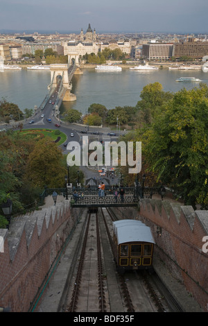 Standseilbahn in Aktion mit Blick über die Donau nach Pest, Budapest, Ungarn Stockfoto