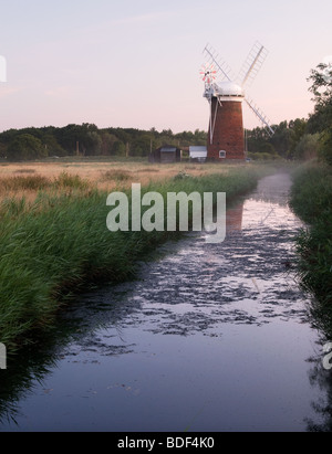 Morgennebel bei Horsey Entwässerung Mühle, Norfolk Stockfoto