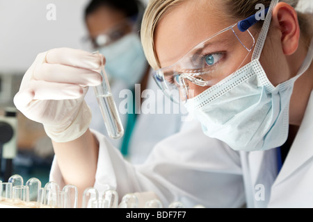 Eine blonde medizinische oder wissenschaftliche Forscher oder Arzt mit Blick auf eine klare Lösung in einem Labor. Stockfoto