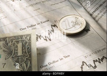 Uns ein Dollar bill mit Euro-Münze Stockfoto
