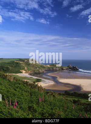 Drei Klippen Buchtblick auf Gebiet der Hahnenfuß mit Strand bei Ebbe Gower Halbinsel South Wales UK Stockfoto