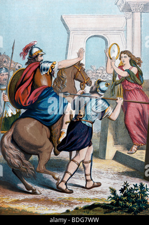 Illustration von Jephthah Treffen mit seiner Tochter aus der christlich-walisischen Bibel aus dem Alten Testament und Nevi'im Stockfoto