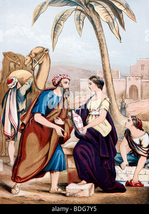 Illustration von Rebecca am Brunnen, der einen Krug anbietet Wasser an den Elieser Diener aus der christlich-walisischen Bibel Stockfoto