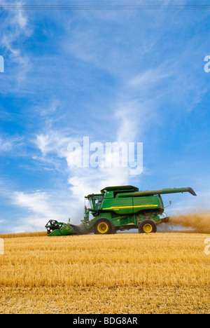 John Deere Mähdrescher erntet weichen weißen Weizen auf hügeliges Gelände Hang / Palouse Region, in der Nähe von Pullman, Washington, USA. Stockfoto