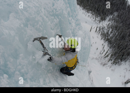 Ein Eiskletterer aufsteigend einen gefrorenen Wasserfall in den kanadischen Rocky Mountains. Stockfoto