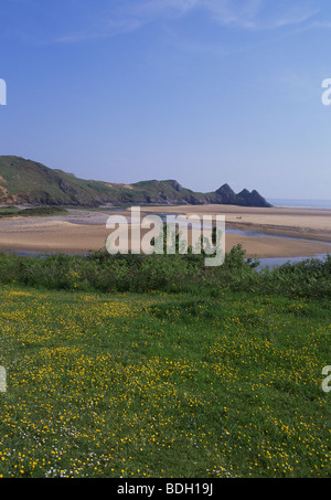 Drei Klippen Buchtblick auf Gebiet der Hahnenfuß mit Strand bei Ebbe Gower Halbinsel South Wales UK Stockfoto