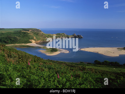 Drei Klippen Bay View bei Flut Gower Halbinsel South Wales UK Stockfoto