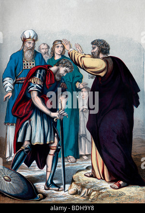 Illustration von Moses, der Josua als seinen Nachfolger benennte, aus der christlich-walisischen Bibel aus dem Alten Testament und Nev'im Stockfoto