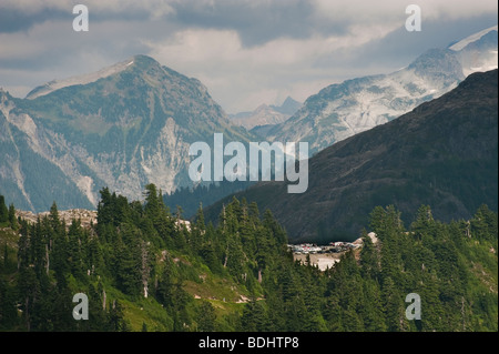 Ansichten aus der Chain Lakes Trail, in der Nähe von Mt. Baker, enthalten Mt. Shuksan und seine Gletscher, Täler mit Wildblumen und die Seen. Stockfoto