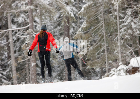 Rückansicht des Paares Cross Country Ski, Whistler, British Columbia, Kanada Stockfoto