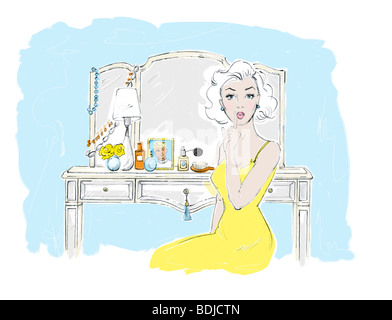 Darstellung der Frau sitzt vor Schminktisch Stockfoto