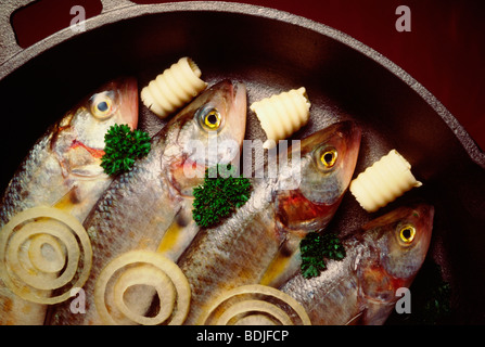 Fisch in Pfanne braten Stockfoto