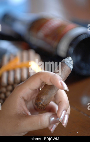 Hand halten Zigarre. Havanna, Kuba. Stockfoto